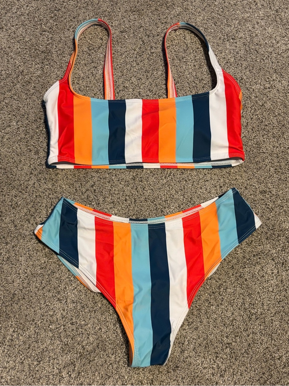 Striped Multicolor Bikini Set - Red, Orange, Teal, Navy, White